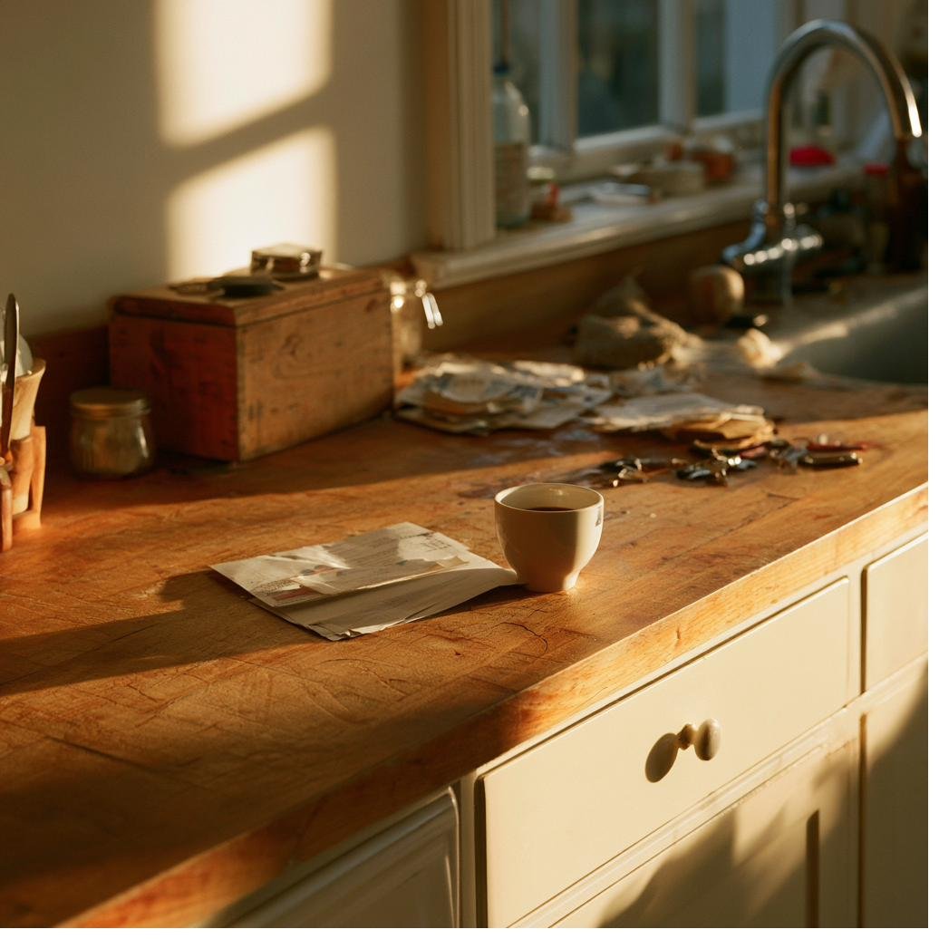 Warm kitchen counter in morning light