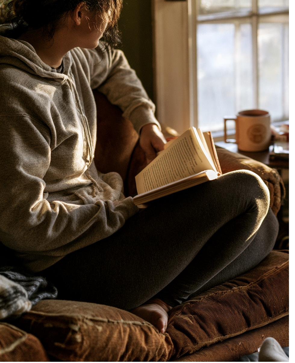 Someone reading on a comfortable couch