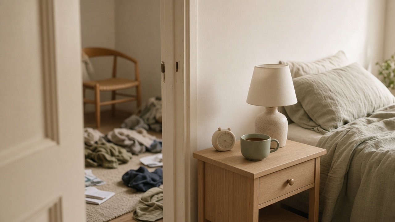 Bedroom doorway showing a messy room with piles of clothes, and in the foreground one cleared bedside table with a lamp, a cup of tea and a small timer
